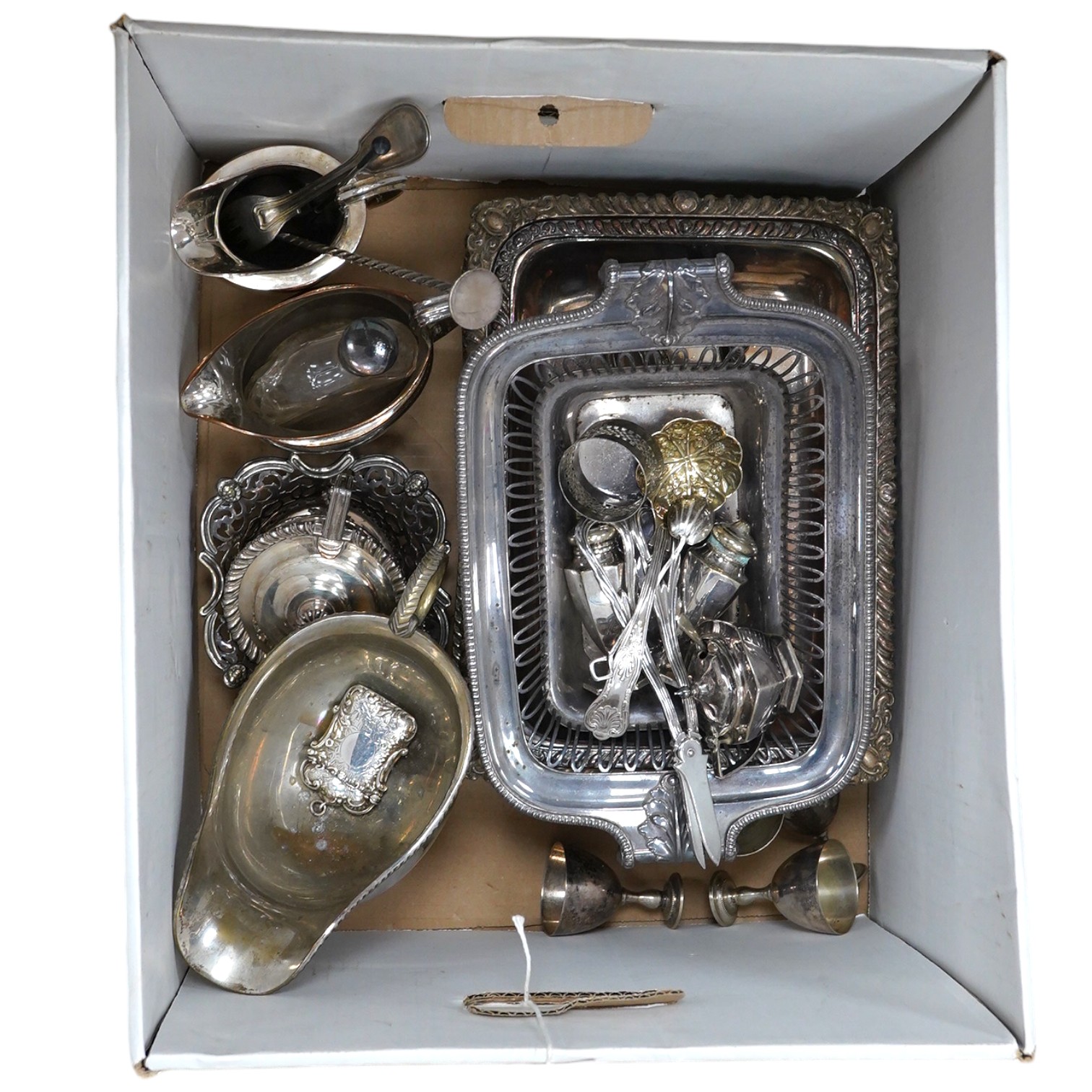 A quantity of silver plate to include a vesta, cruet, cutlery, tureen, etc. Condition - fair